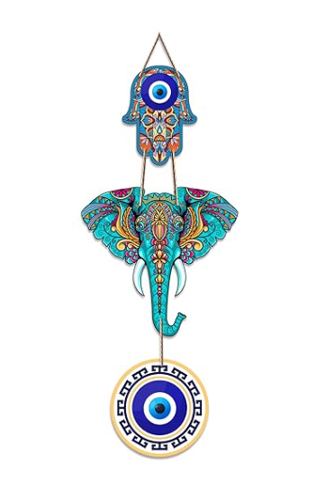 Artvibes Designer Elephant Wooden Wall Hanging for Home Decor | Hamsa Hand Decoration for Livingroom | Modern Artworks Items