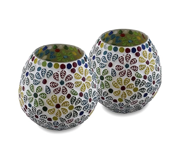 Homesake Tealight Candle Holders for Home Decor, Mosaic Glass, Flowers Diwali Decoration Items, Diwali Decoration Item for Home Decor | Pack of 2