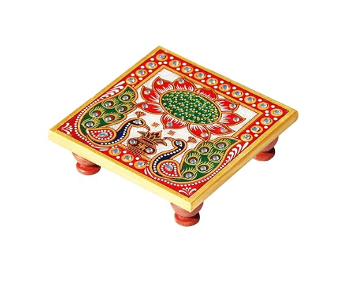 Paradise (4 x 4 inch) Peacock Design Painted Marble Chowki Home Mandir, Idols Statues Pratima, Bajot for God, Home Décor Showpiece