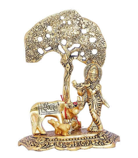 Gifts Metal Krishna With Cow Standing Under Tree Plying Flute (Gold, 12.5X8X16Cm), 1 Piece,