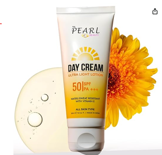 ARM Pearl Beauty Ultra Light Sunscreen Lotion SPF 50 PA+++ – Broad Spectrum UV Protection, Non-Greasy, Water & Sweat Resistant, Enriched with Vitamin E, Hyaluronic Acid & Calendula – For All Skin Types – 50g